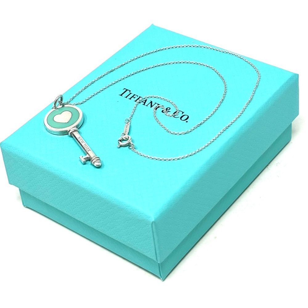 Authentic Tiffany & co. Enamel Blue Heart Key Pendant Necklace. - Picture 5 of 11